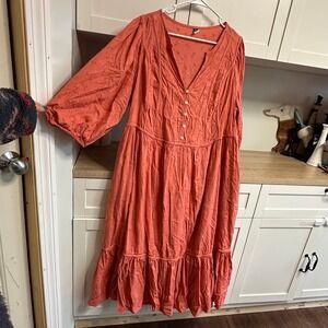 Old Navy Peasant Midi Dress Women 2X Cottagecore Coral 3/4 Sleeve Boho Spring
